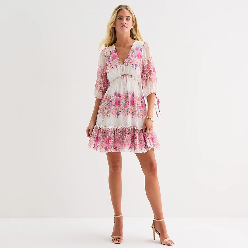 Melonie T Womens V Neck 3/4 Sleeve Floral Fit + Flare Dress