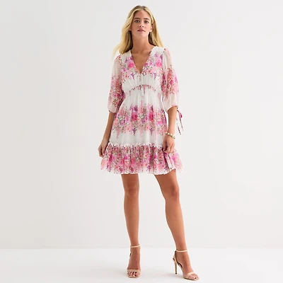 Melonie T Womens V Neck 3/4 Sleeve Floral Fit + Flare Dress