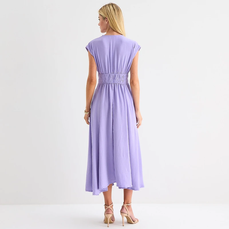 Melonie T Womens Midi V Neck Sleeveless Cap Fit + Flare Dress