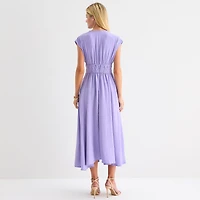 Melonie T Womens Midi V Neck Sleeveless Cap Fit + Flare Dress