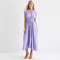 Melonie T Womens Midi V Neck Sleeveless Cap Fit + Flare Dress