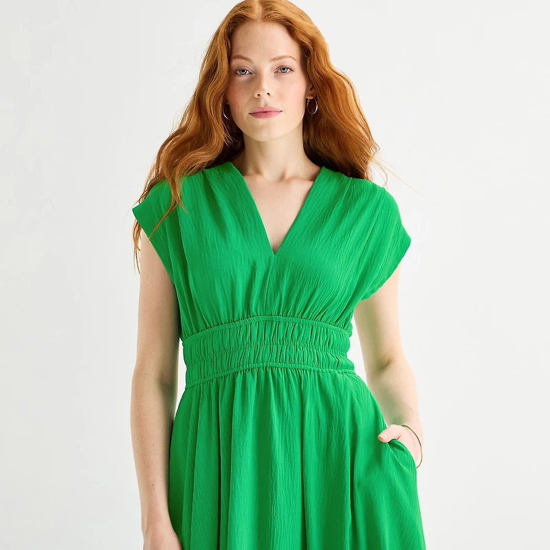 Melonie T Womens Midi V Neck Sleeveless Cap Fit + Flare Dress