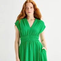 Melonie T Womens Midi V Neck Sleeveless Cap Fit + Flare Dress