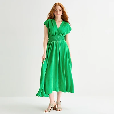 Melonie T Womens Midi V Neck Sleeveless Cap Fit + Flare Dress