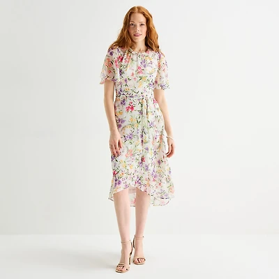 Jessica Howard Womens High-Low Crew Neck Short Sleeve Bell Fit + Flare Dress