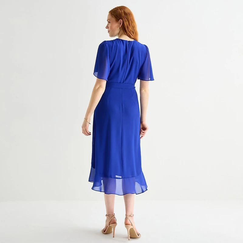 Jessica Howard Womens High-Low Crew Neck Short Sleeve Bell Fit + Flare Dress