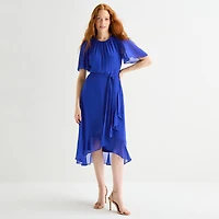 Jessica Howard Womens High-Low Crew Neck Short Sleeve Bell Fit + Flare Dress