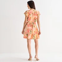 Brannan Womens V Neck Short Sleeve Drop Shoulder Floral Fit + Flare Dress