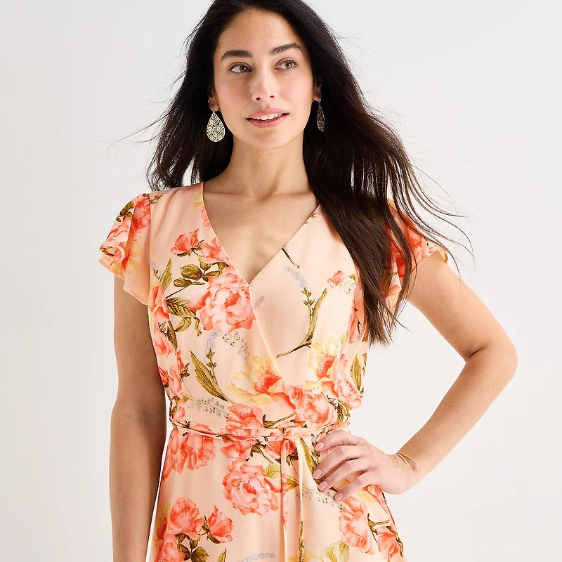 Brannan Womens V Neck Short Sleeve Drop Shoulder Floral Fit + Flare Dress