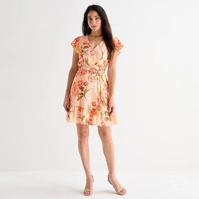 Brannan Womens V Neck Short Sleeve Drop Shoulder Floral Fit + Flare Dress
