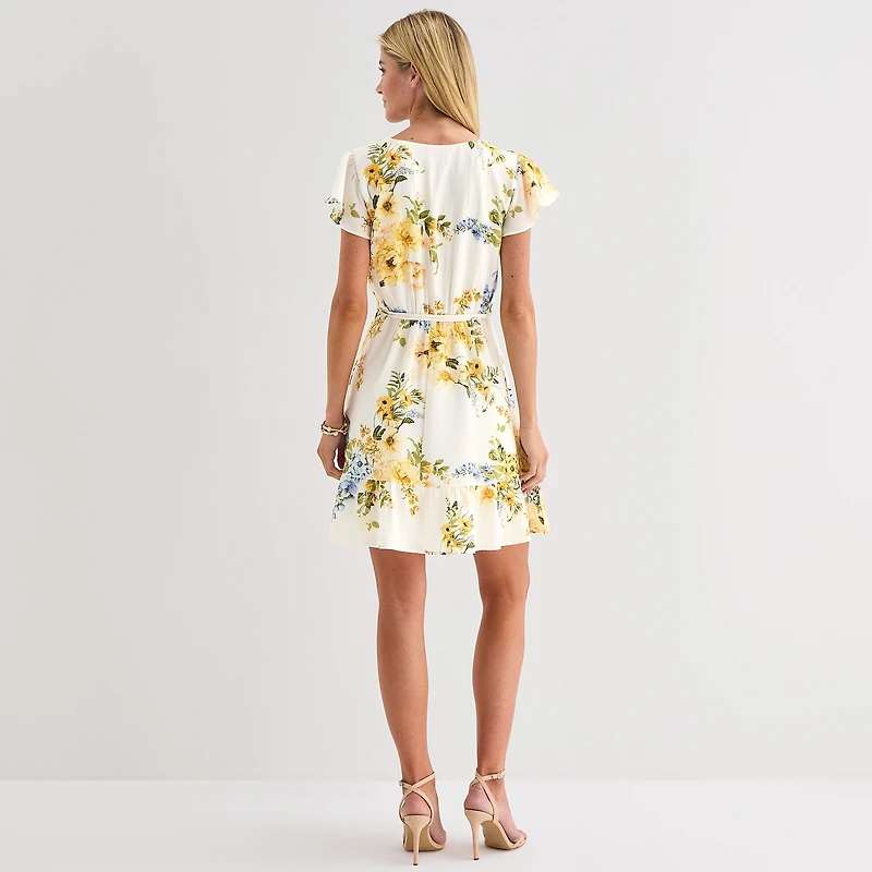 Brannan Womens V Neck Short Sleeve Drop Shoulder Floral Fit + Flare Dress
