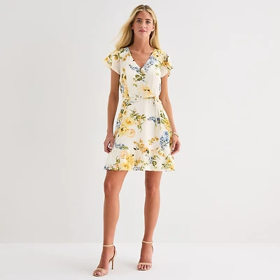 Brannan Womens V Neck Short Sleeve Drop Shoulder Floral Fit + Flare Dress