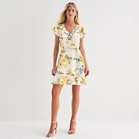 Brannan Womens V Neck Short Sleeve Drop Shoulder Floral Fit + Flare Dress