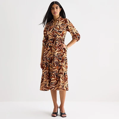 52seven Womens Midi 3/4 Sleeve Animal Shift Dress