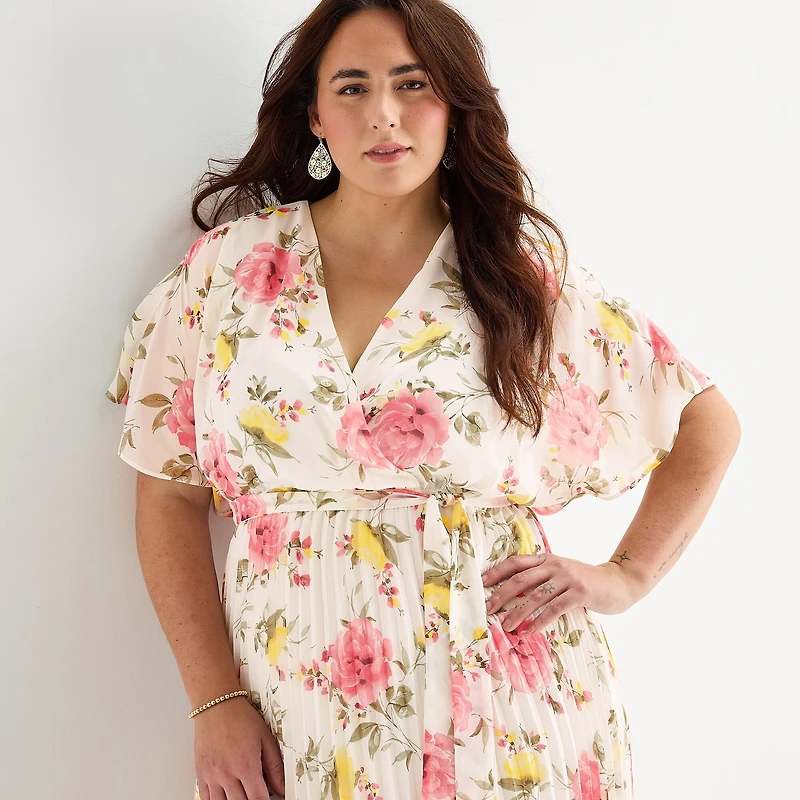 Studio 1 Womens Plus V Neck Short Sleeve Cape Maxi Dress