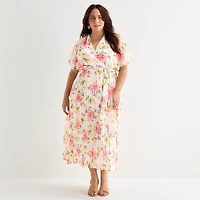 Studio 1 Womens Plus V Neck Short Sleeve Cape Maxi Dress