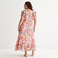 Melonie T Womens Plus V Neck Sleeveless Ruffled Maxi Dress
