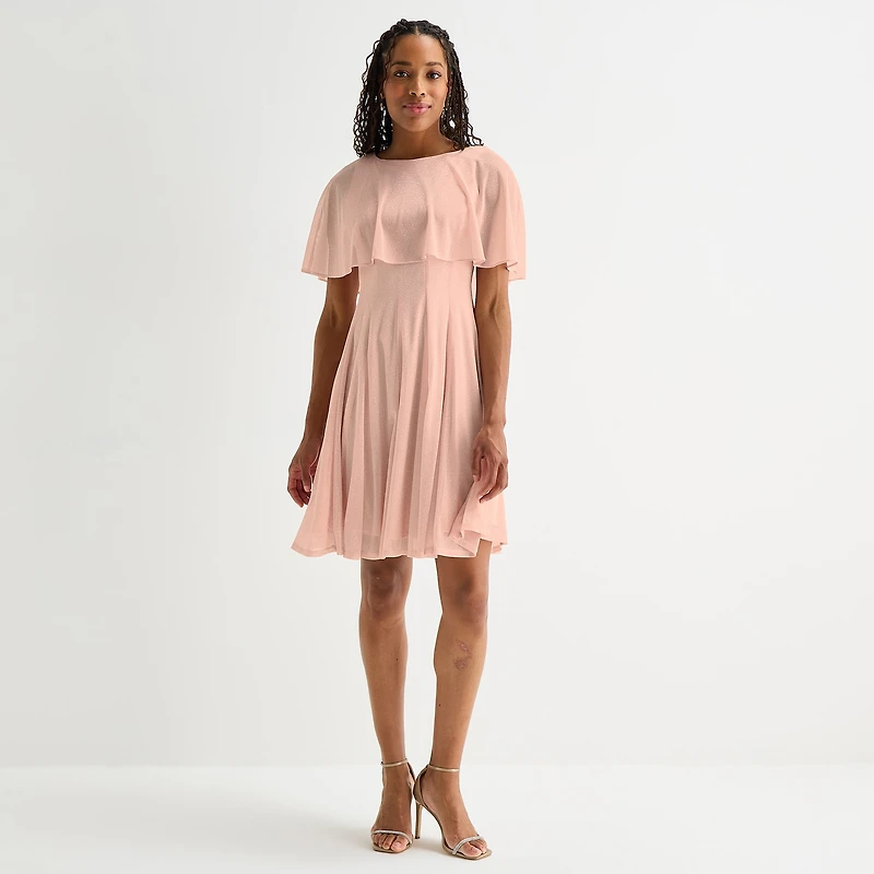 Danny & Nicole Womens Round Neck Short Sleeve Cape Fit + Flare Dress