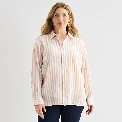 St. John's Bay Womens Plus Long Sleeve Relaxed Fit Button-Down Shirt