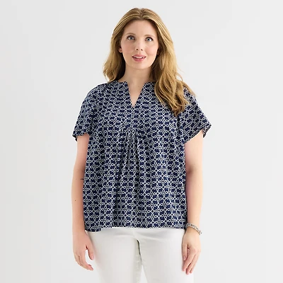 St. John's Bay Womens Plus V Neck Short Sleeve Blouse