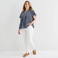 St. John's Bay Womens Plus V Neck Short Sleeve Blouse