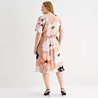 Liz Claiborne Womens Plus Midi V Neck Short Sleeve Satin Floral A-Line Dress
