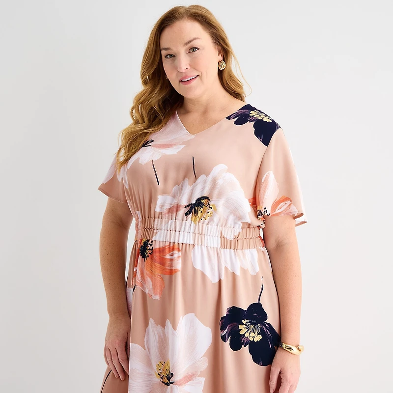 Liz Claiborne Womens Plus Midi V Neck Short Sleeve Satin Floral A-Line Dress