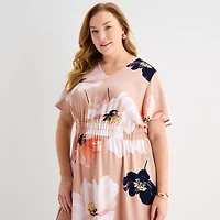 Liz Claiborne Womens Plus Midi V Neck Short Sleeve Satin Floral A-Line Dress