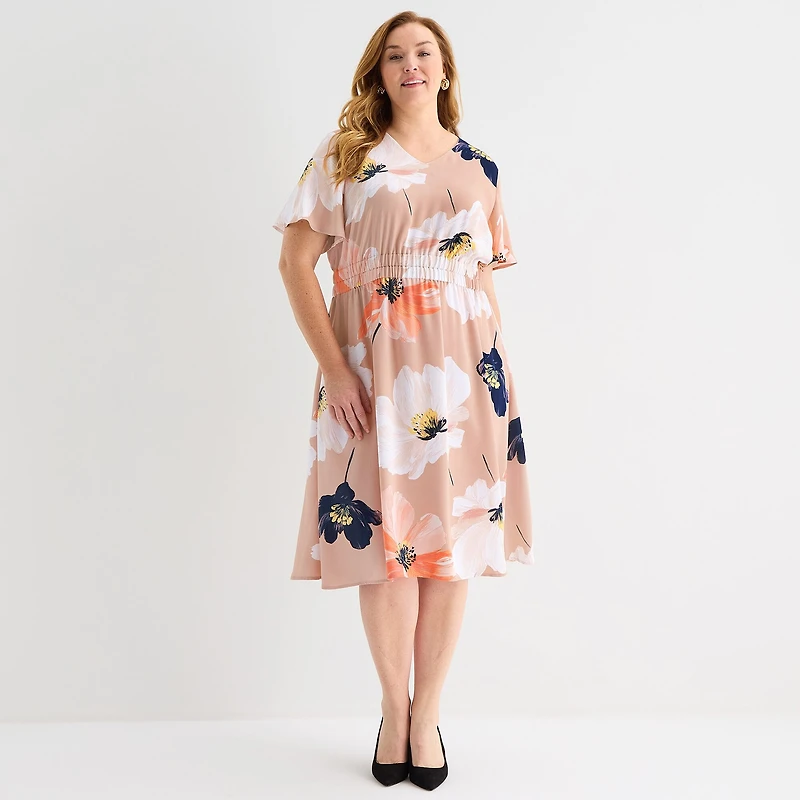 Liz Claiborne Womens Plus Midi V Neck Short Sleeve Satin Floral A-Line Dress