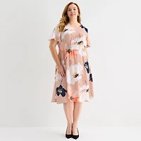 Liz Claiborne Womens Plus Midi V Neck Short Sleeve Satin Floral A-Line Dress