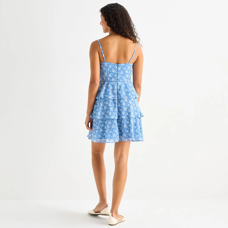by&by Womens Juniors V Neck Short Sleeve Floral Fit + Flare Dress