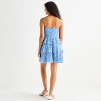 by&by Womens Juniors V Neck Short Sleeve Floral Fit + Flare Dress