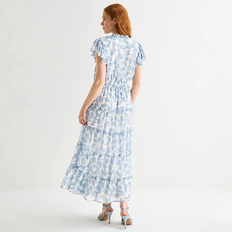 MSK Womens Split Tie Neck Short Sleeve Flutter Maxi Dress