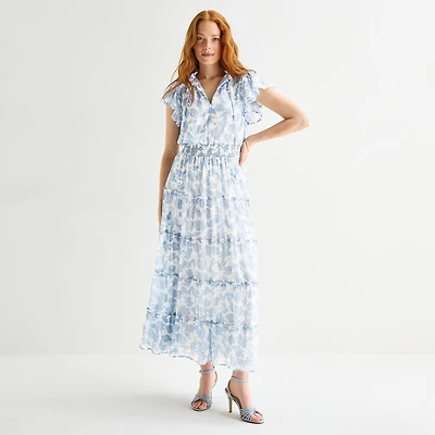 MSK Womens Split Tie Neck Short Sleeve Flutter Maxi Dress