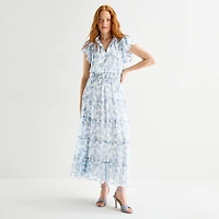 MSK Womens Split Tie Neck Short Sleeve Flutter Maxi Dress