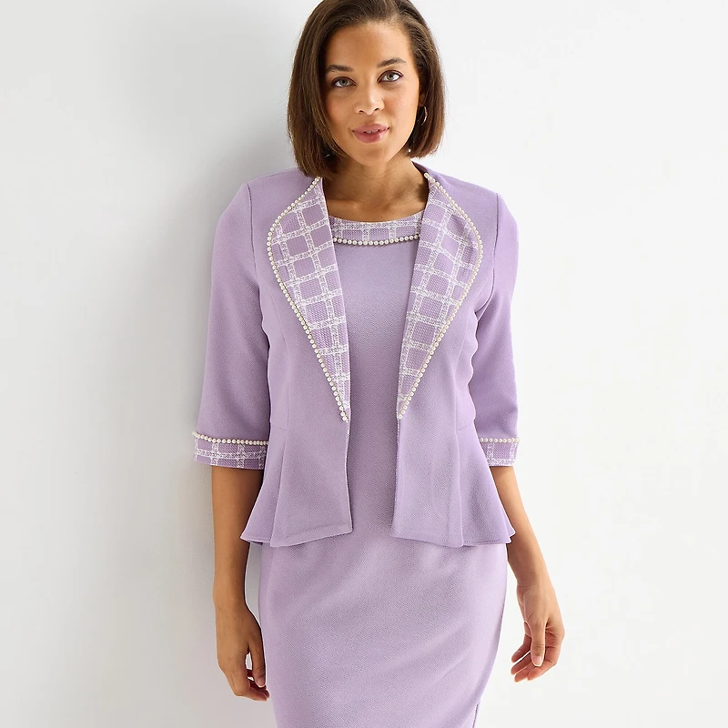 Maya Brooke Womens Pearl Trim Plaid Jacket Dress