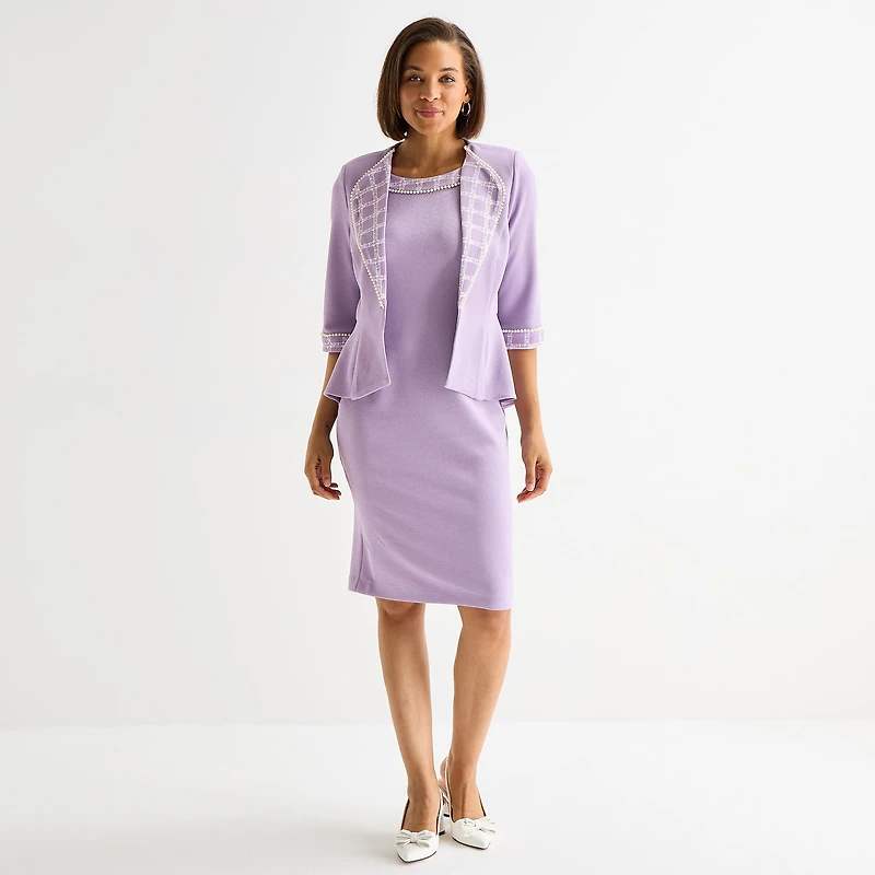 Maya Brooke Womens Pearl Trim Plaid Jacket Dress