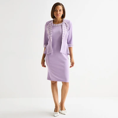 Maya Brooke Womens Pearl Trim Plaid Jacket Dress