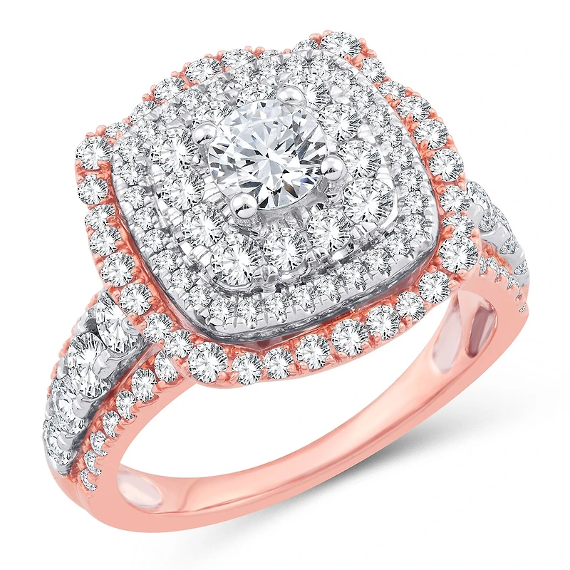 Womens 2 1/4 CT. T.W. Natural White Diamond 10K Gold Rose Cushion Side Stone Halo Engagement Ring
