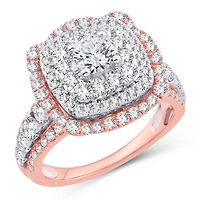 Womens 2 1/4 CT. T.W. Natural White Diamond 10K Gold Rose Cushion Side Stone Halo Engagement Ring