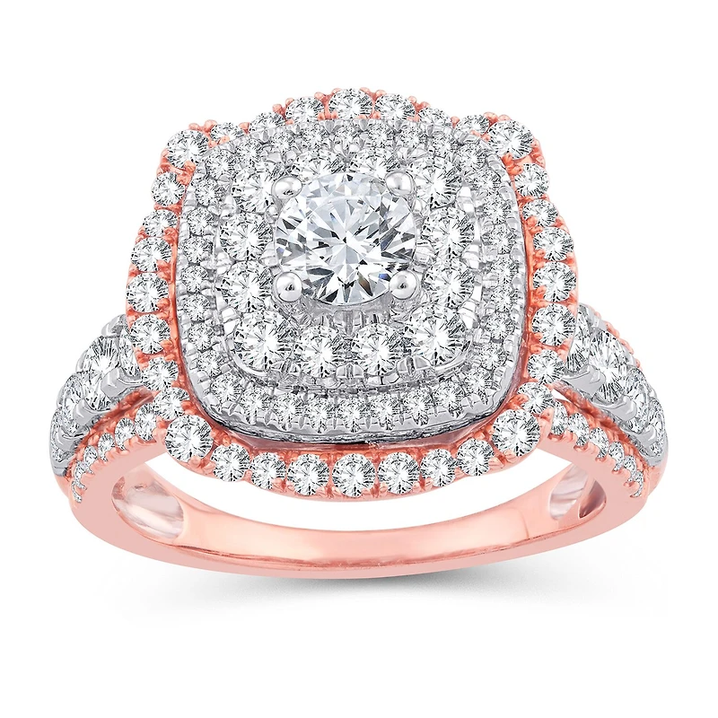 Womens 2 1/4 CT. T.W. Natural White Diamond 10K Gold Rose Cushion Side Stone Halo Engagement Ring