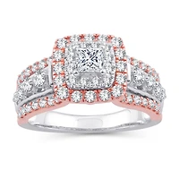 Womens 1/ CT. T.W. Natural White Diamond 10K Gold Rose Cushion Side Stone Halo Engagement Ring