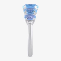 Womens Simulated Blue Aquamarine Sterling Silver Halo Side Stone Cocktail Ring