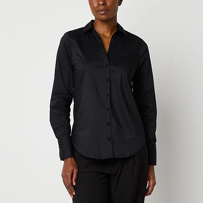 Worthington Womens Cuffed Long Sleeve Regular Fit Poplin Button-Down Shirt