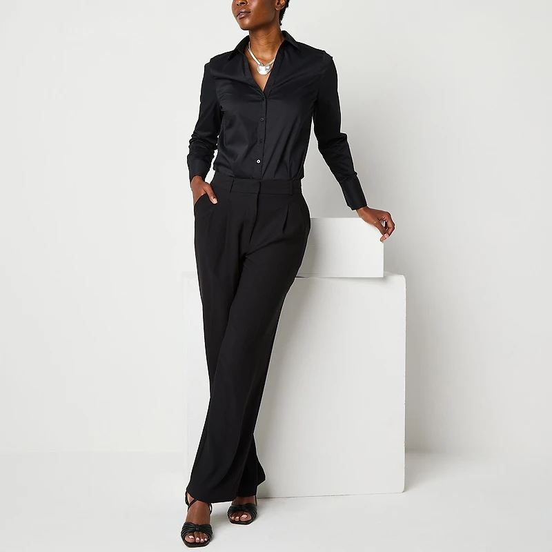 Worthington Womens Cuffed Long Sleeve Regular Fit Poplin Button-Down Shirt