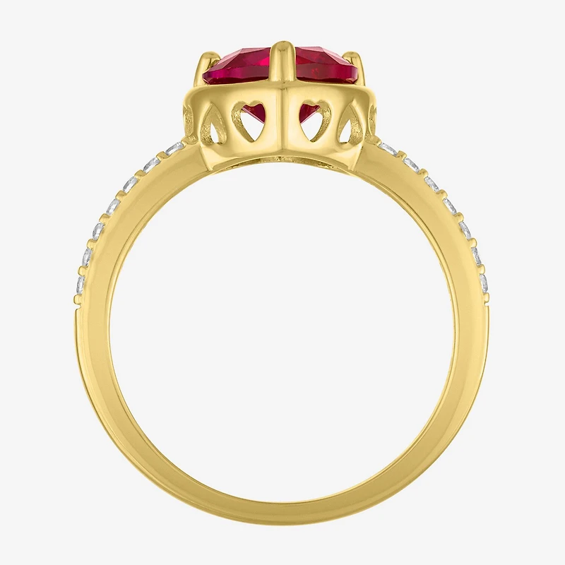 Womens Lab Created Red Ruby 14K Gold Over Silver Heart Side Stone Cocktail Ring