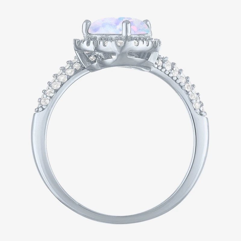 Womens Lab Created White Opal Sterling Silver Heart Halo Side Stone Cocktail Ring