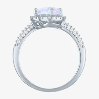 Womens Lab Created White Opal Sterling Silver Heart Halo Side Stone Cocktail Ring