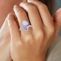 Womens Lab Created White Opal Sterling Silver Heart Halo Side Stone Cocktail Ring