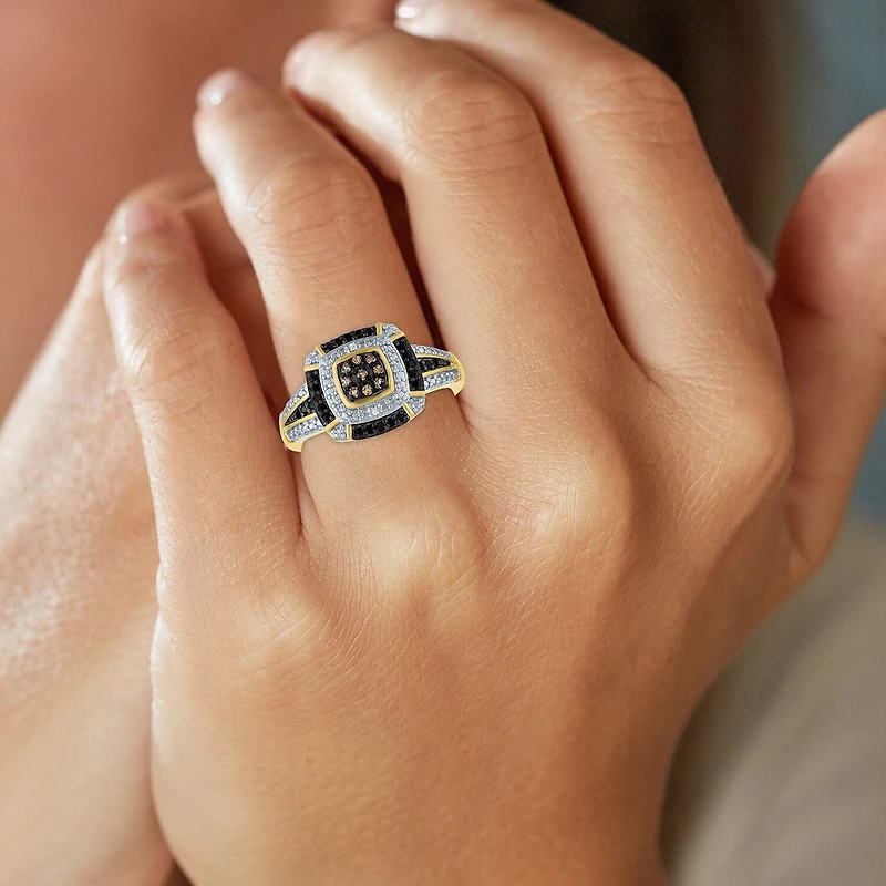 1/10 CT.T.W. Natural White, Champagne and Color-Enhanced Black Diamond Ring